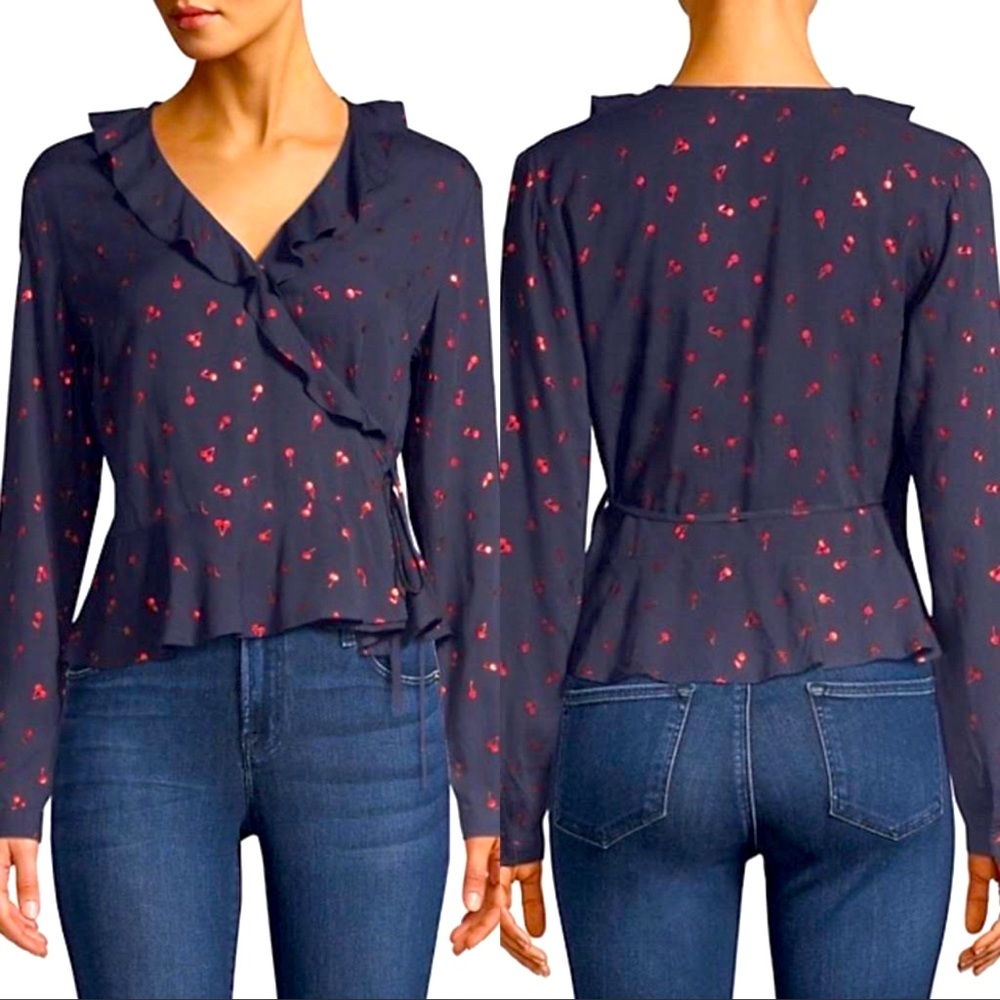 NWT Rails | Navy Simone Metallic Red Cherry Print Wrap Blouse